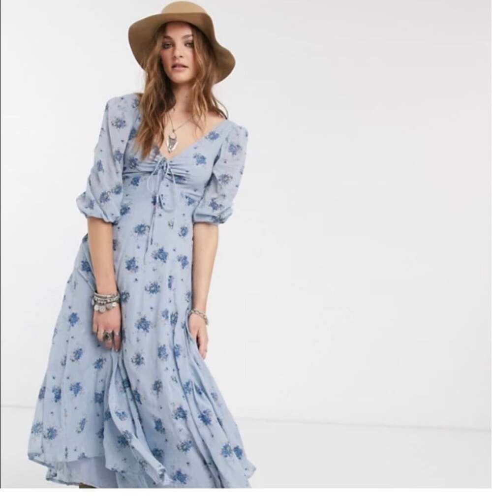Free People Sea Glass Midi Dress Blue Floral Boho Prairie 12